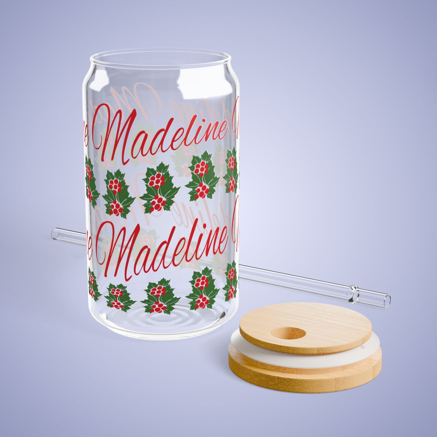 December Birthday Holly Floral Personalized Sipper Glass Bamboo Lid