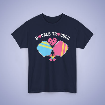 Double Trouble Pickleball T Shirt Retro Couple Matching Pink and Purple Graphic Design