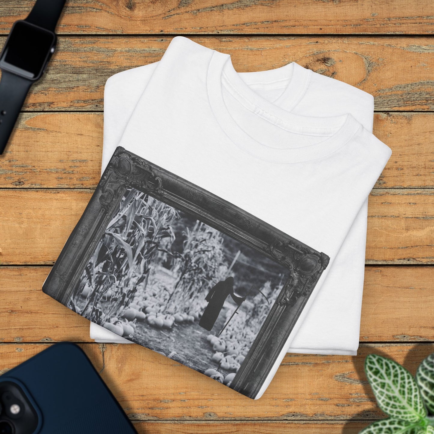 A Reaper in the Pumpkin Patch Spooky Halloween T-Shirt | Photographic Design