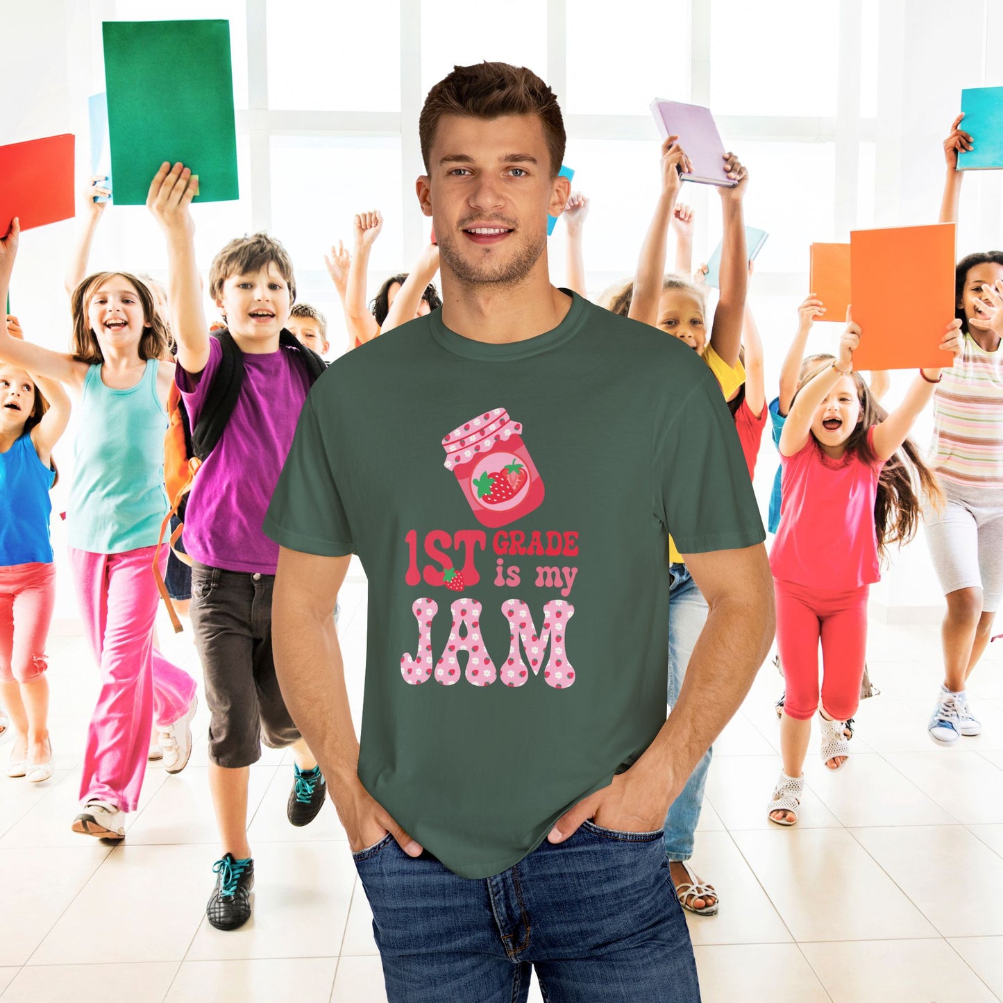 First Grade is my Jam Strawberry Teacher T Shirt Comfort Colors Unisex Back to School