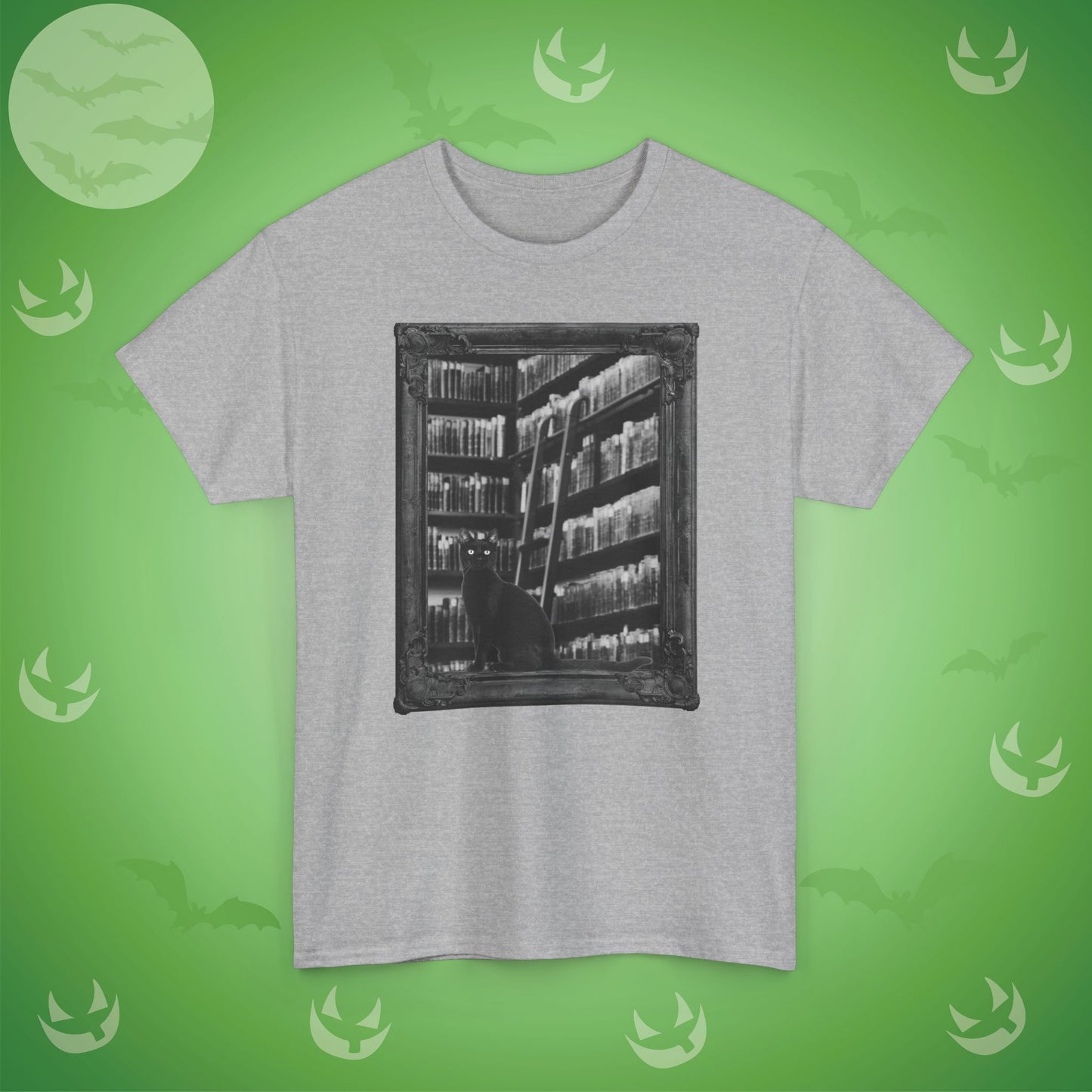 Black Cat Spooky Library Halloween T-Shirt | Book Lover Photographic Design