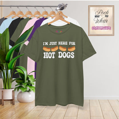 I'm Just Here for the Hot Dogs Funny Hot Dog T-Shirt | Hot Dog Lover Gift White