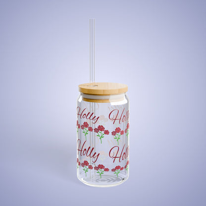 June Birthday Roses Floral Personalized Sipper Glass Bamboo Lid