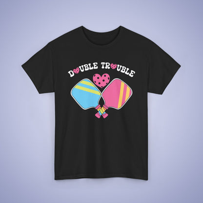 Double Trouble Pickleball T Shirt Retro Couple Matching Pink and Purple Graphic Design