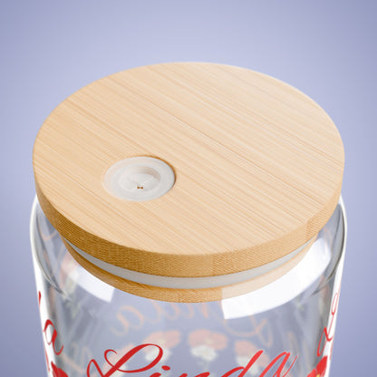 August Birthday Poppy Floral Personalized Sipper Glass Bamboo Lid