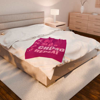 Eat Sleep Chemo Repeat Pink Velveteen Plush Blanket 3 Sizes Chemotherapy Gift