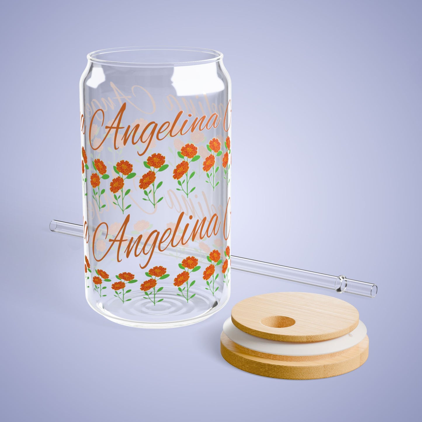 October Birthday Marigold Floral Personalized Sipper Glass Bamboo Lid