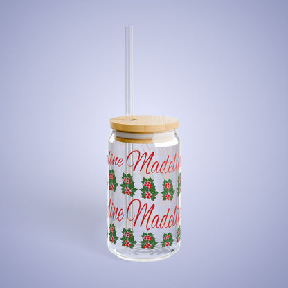 December Birthday Holly Floral Personalized Sipper Glass Bamboo Lid