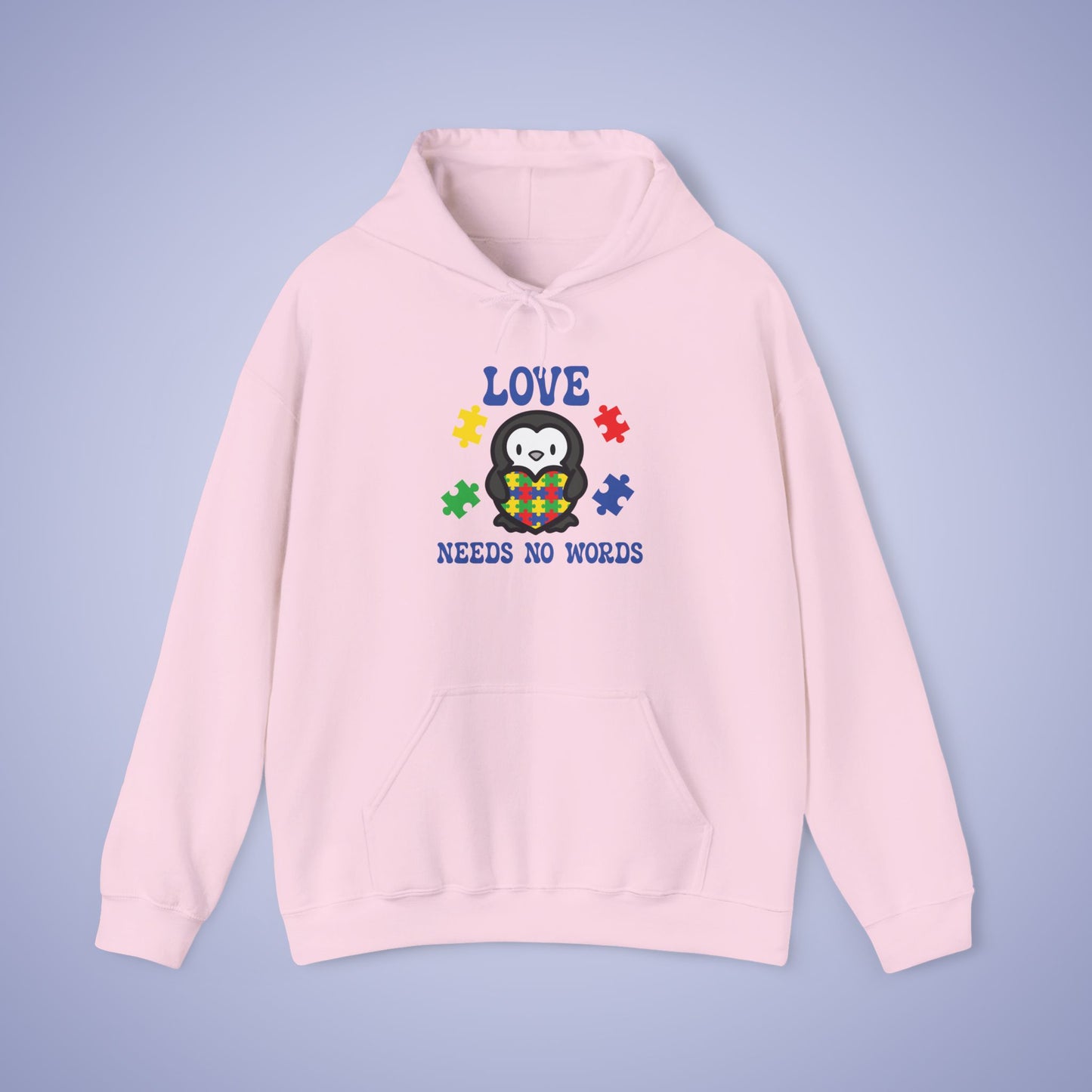 Love Needs No Words Penguin Lover Graphic Autism Awareness Hoodie Unisex
