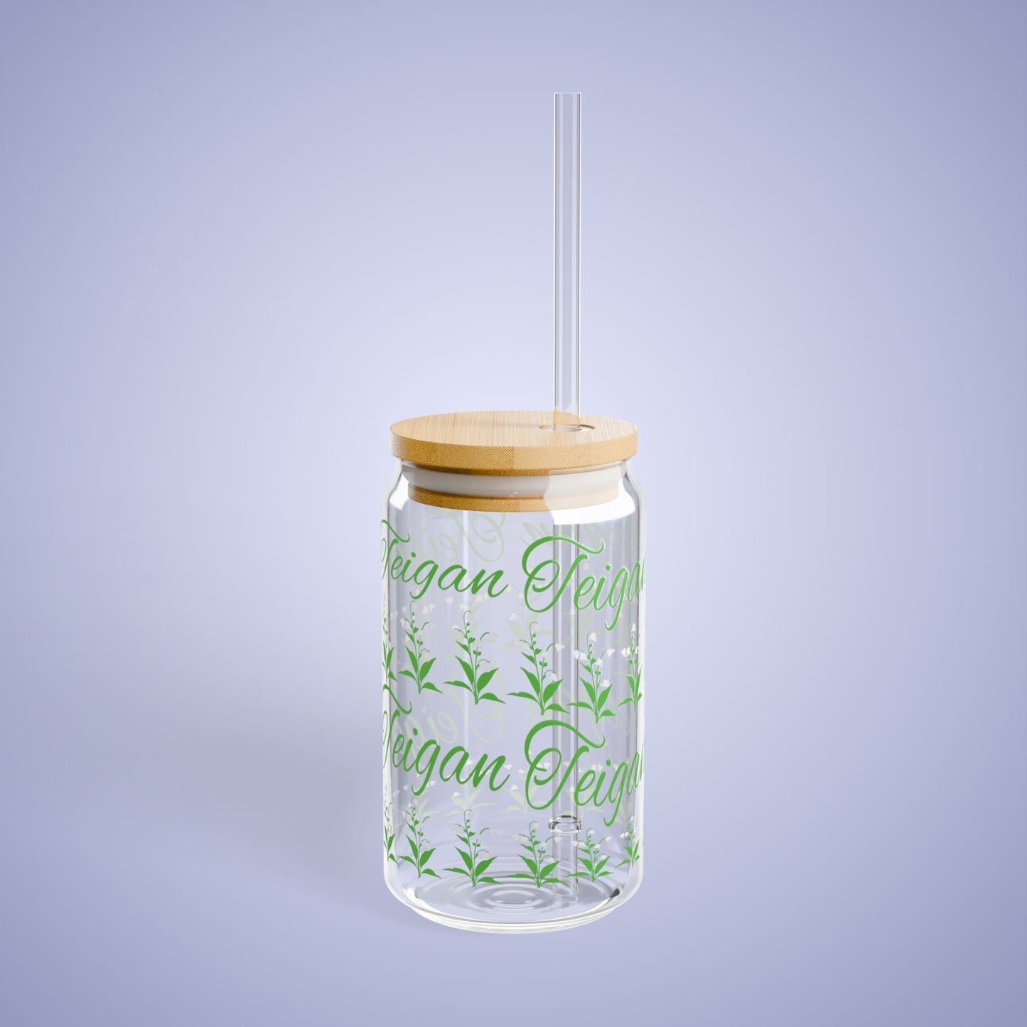 May Birthday Lily of the Valley Floral Personalized Sipper Glass Bamboo Lid