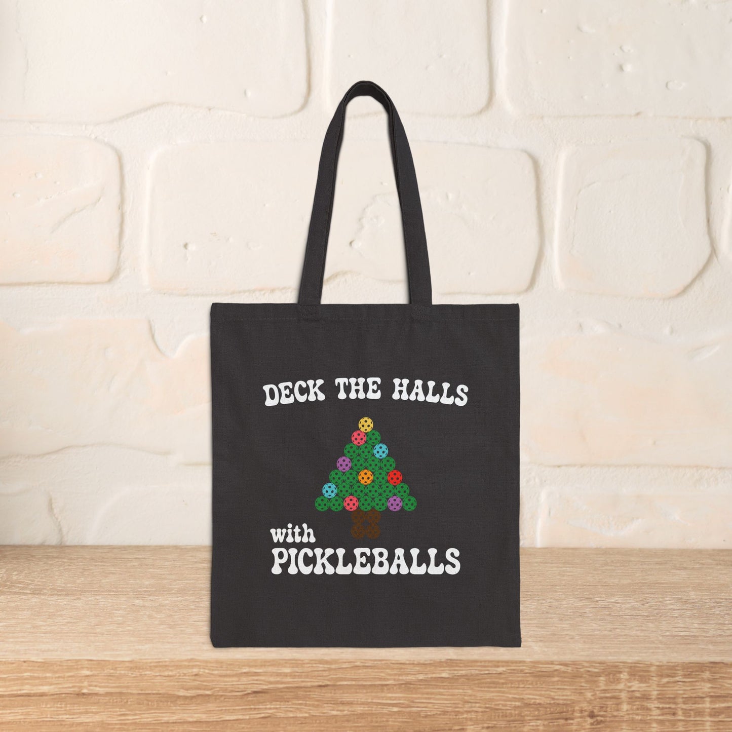Deck the Halls with Pickleballs Pickleball Tote Bag | Christmas Cotton Gift Black