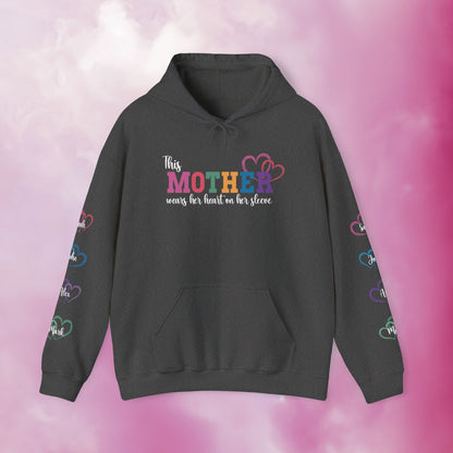 This Mother Wears Her Heart on Her Sleeve Personalized White Mothers Day Gift Hoodie Sweatshirt
