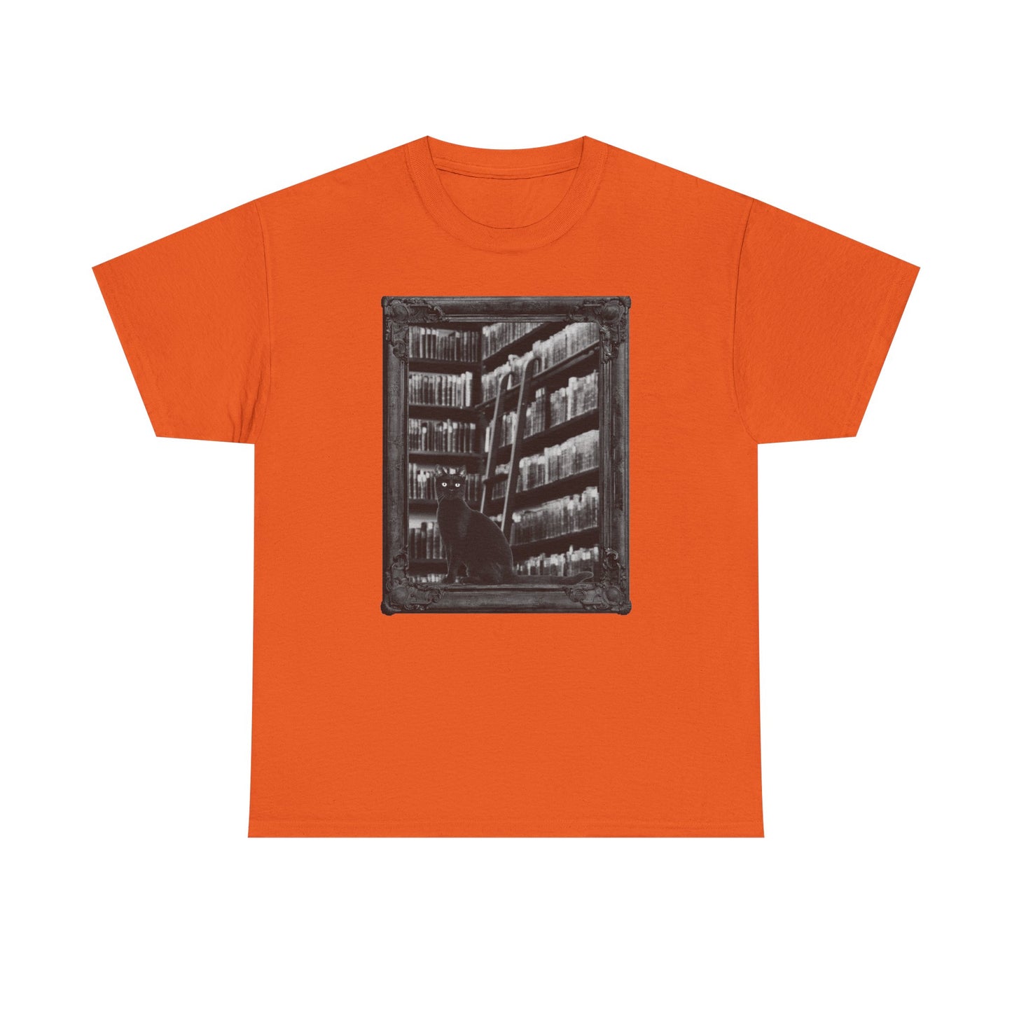 Black Cat Spooky Library Halloween T-Shirt | Book Lover Photographic Design