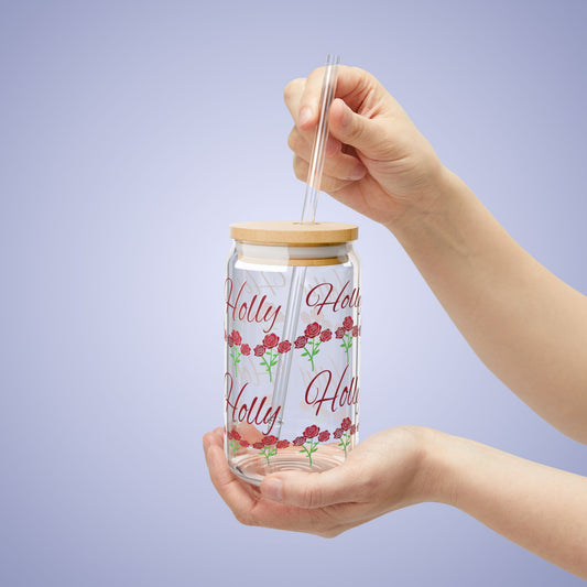 June Birthday Roses Floral Personalized Sipper Glass Bamboo Lid