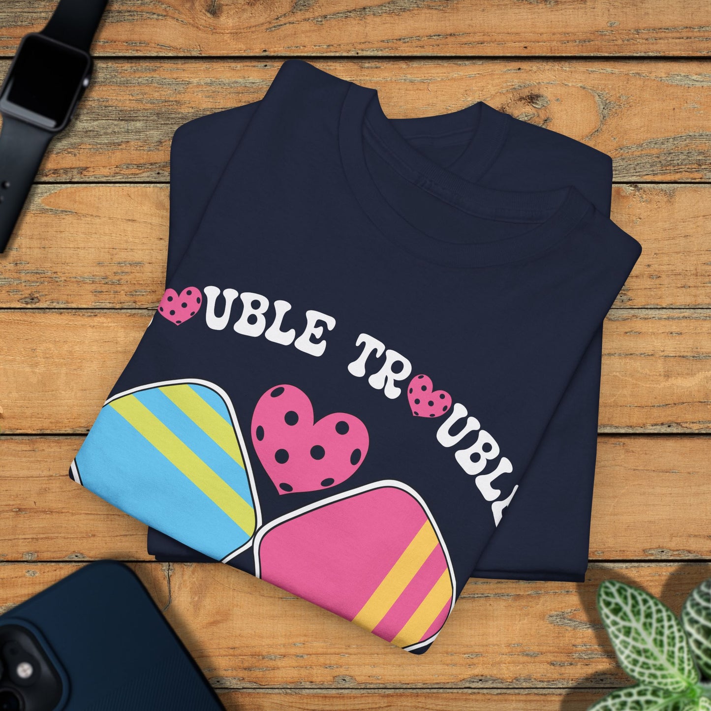 Double Trouble Pickleball T Shirt Retro Couple Matching Pink and Purple Graphic Design