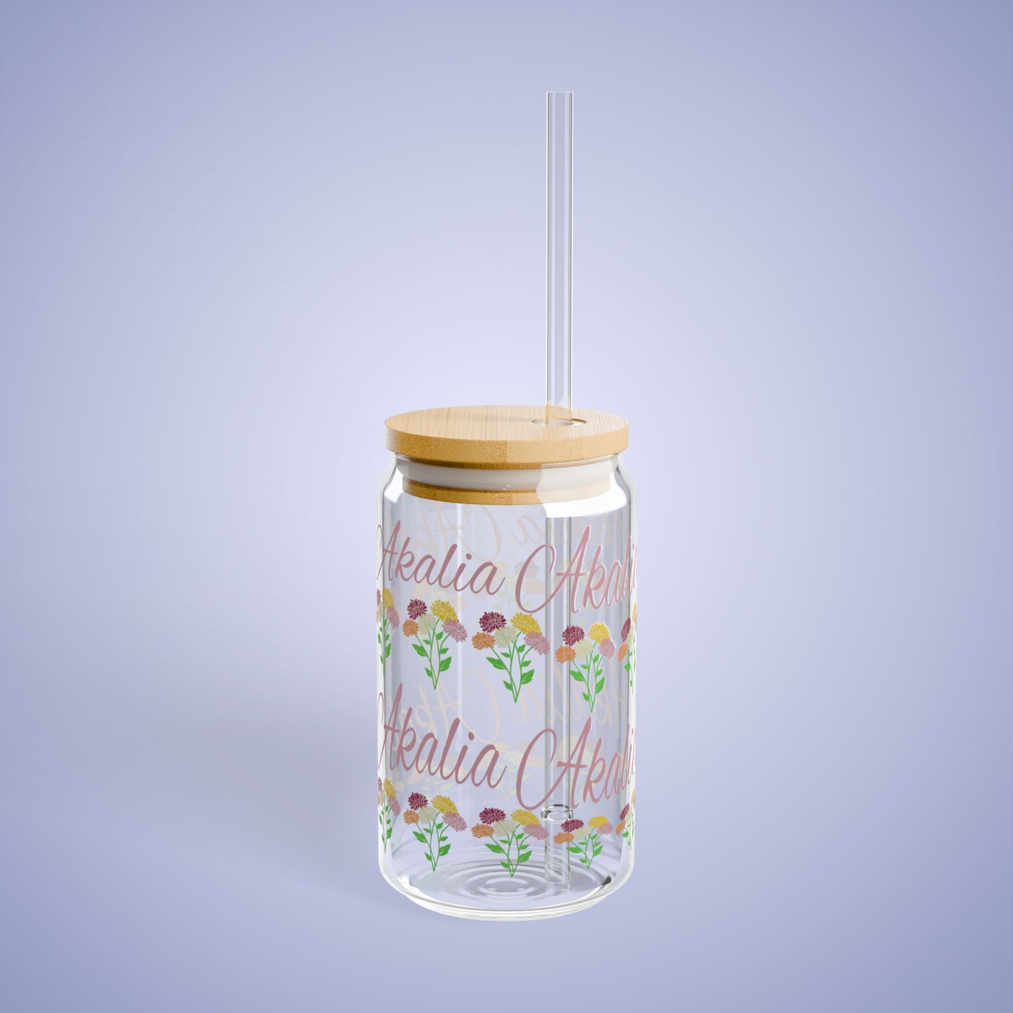 November Birthday Chrysanthemum Floral Personalized Sipper Glass Bamboo Lid