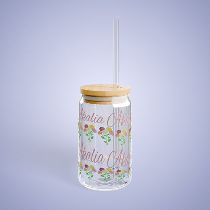 November Birthday Chrysanthemum Floral Personalized Sipper Glass Bamboo Lid