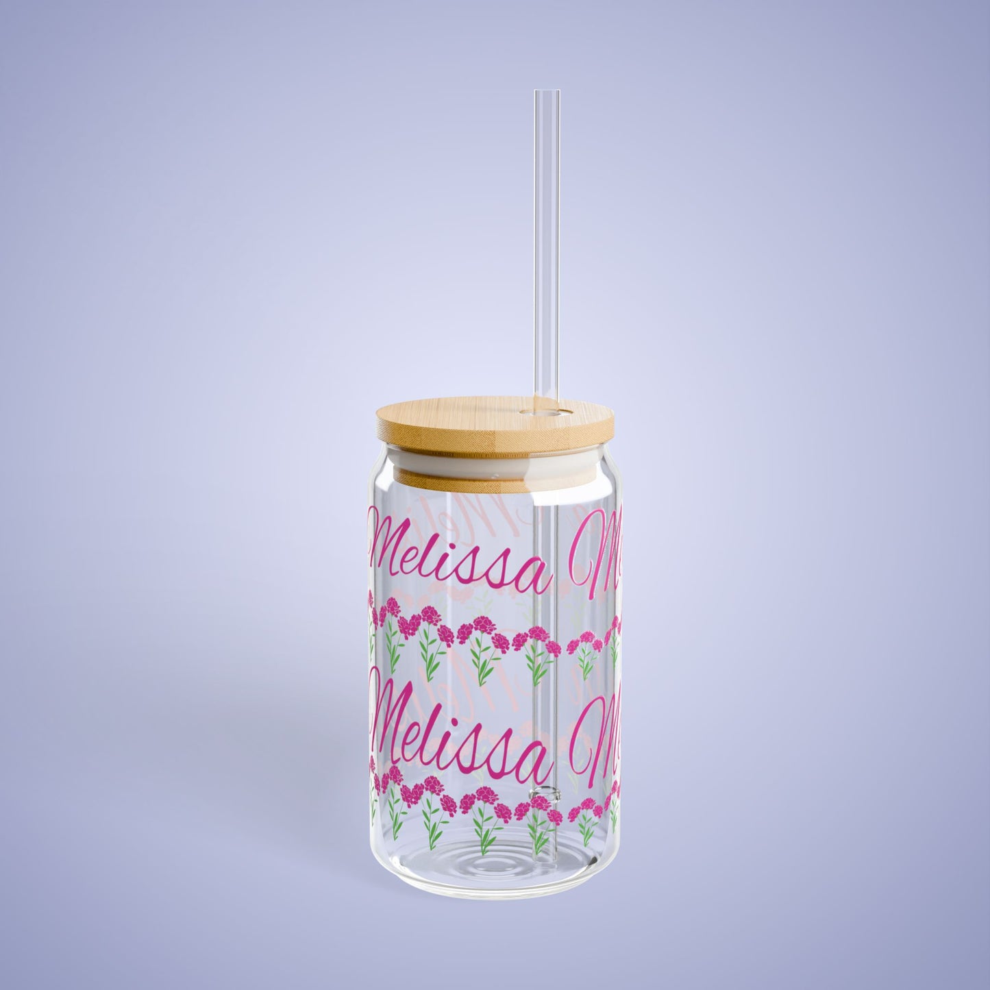 January Birthday Carnation Floral Personalized Sipper Glass Bamboo Lid