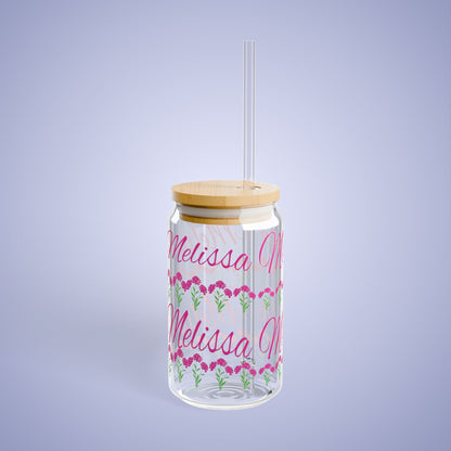 January Birthday Carnation Floral Personalized Sipper Glass Bamboo Lid