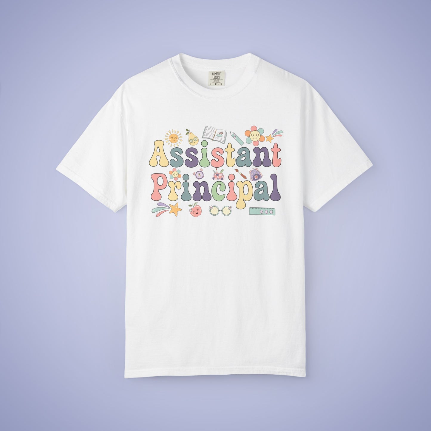White t-shirt with 'Assistant Principal' text on a white background