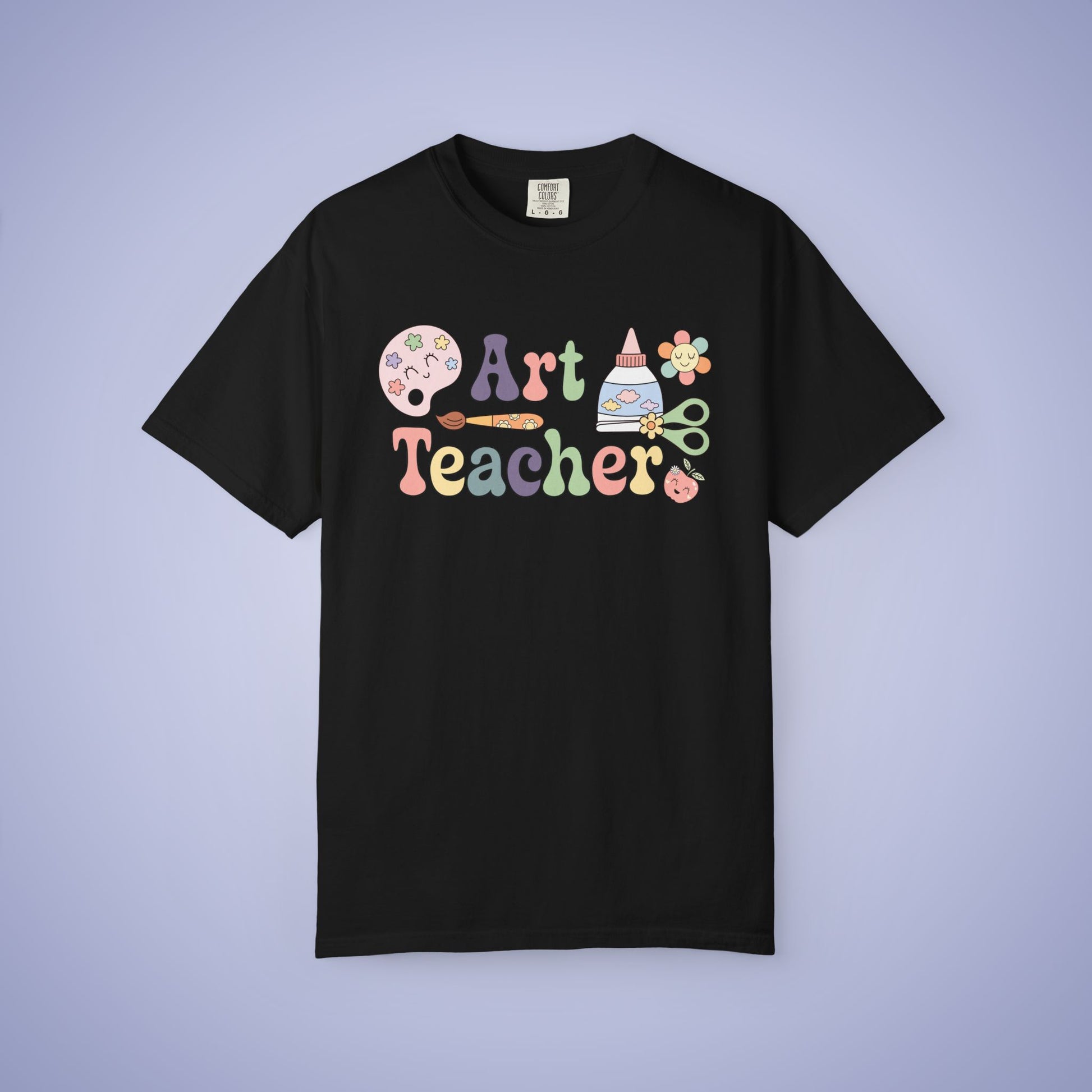 Black t shirt with 'Art Teacher' text and graphics on a black  background