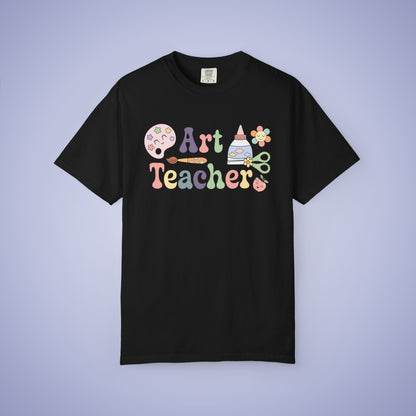 Black t shirt with 'Art Teacher' text and graphics on a black  background