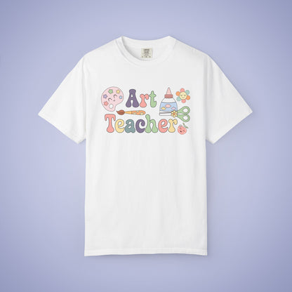 White t-shirt with 'Art Teacher' text and graphics on a white background