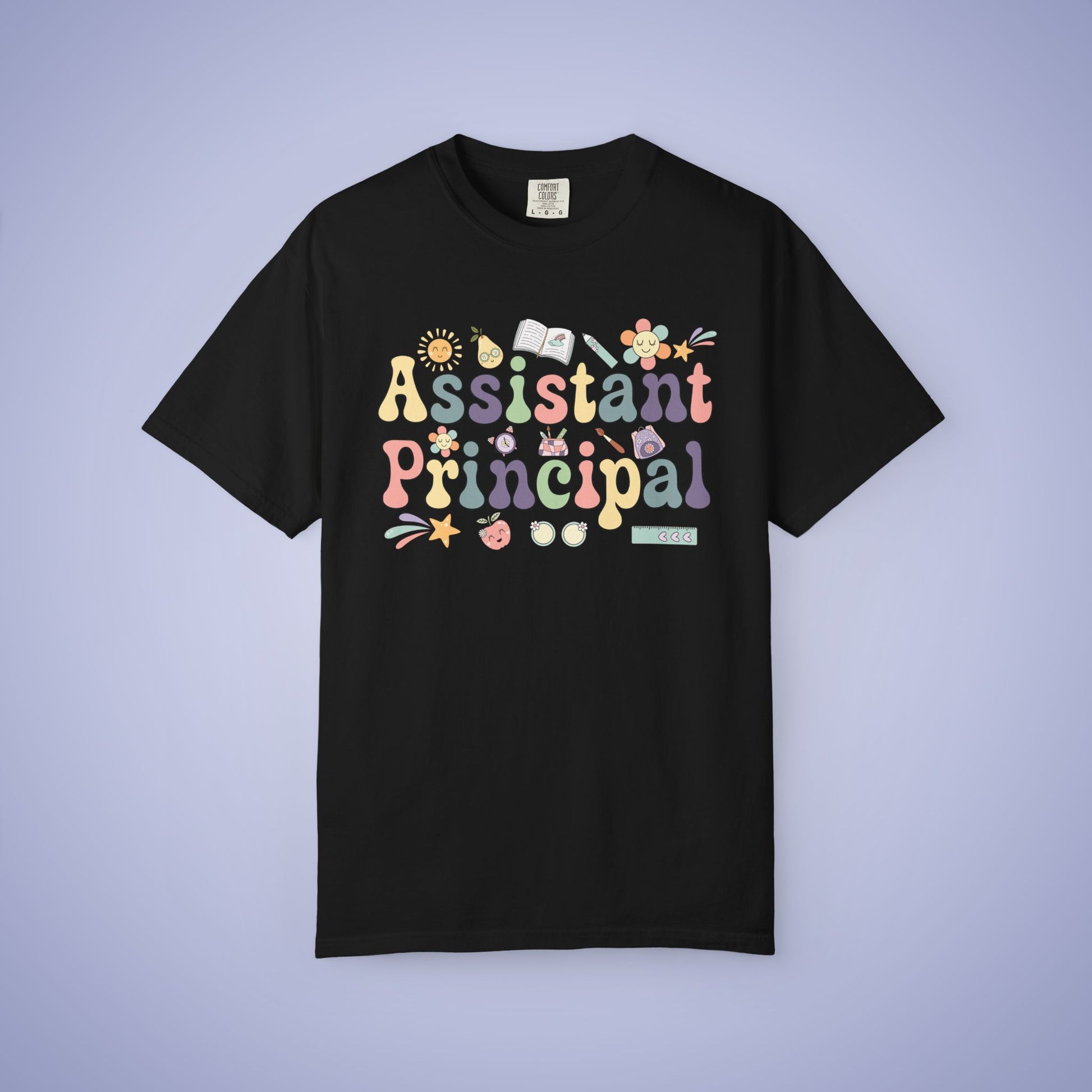 Black t shirt with 'Assistant Principal' text and colorful graphics on a black background