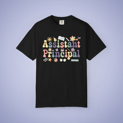 Black t shirt with 'Assistant Principal' text and colorful graphics on a black background