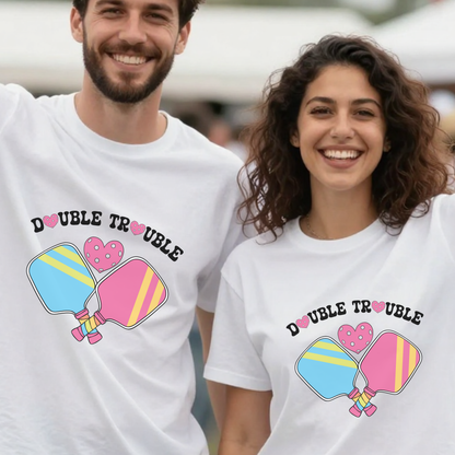 Double Trouble Pickleball T-Shirt | Retro Couple Matching Pink Version