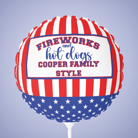 Fireworks and Hot Dogs Personalized Patriotic July 4th Home Decor Party Round Balloon USA Flag