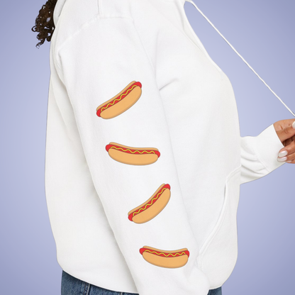 Im Just Here for the Hot Dogs Sleeve Print Hoodie | Hot Dog Lover Gift Black