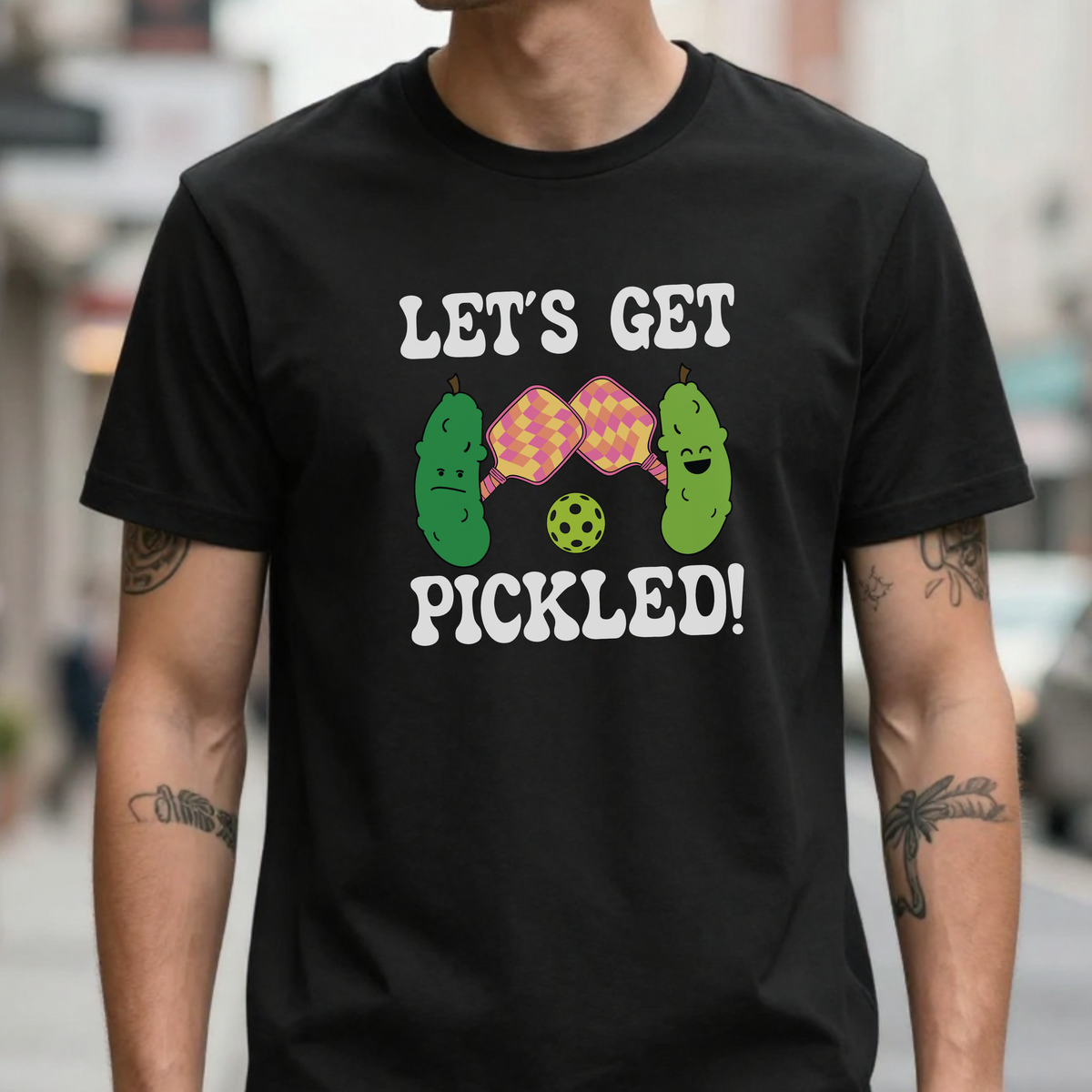 Lets Get Pickled Funny Alcohol Drinking Pickleball T-Shirt | White Version